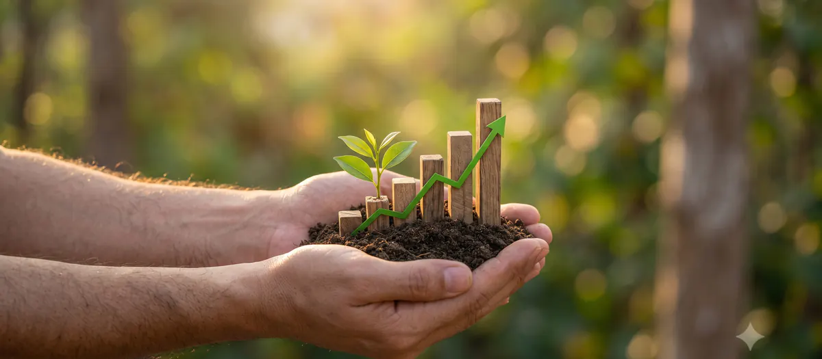 Manos sosteniendo una planta y una gráfica ascendente de crecimiento