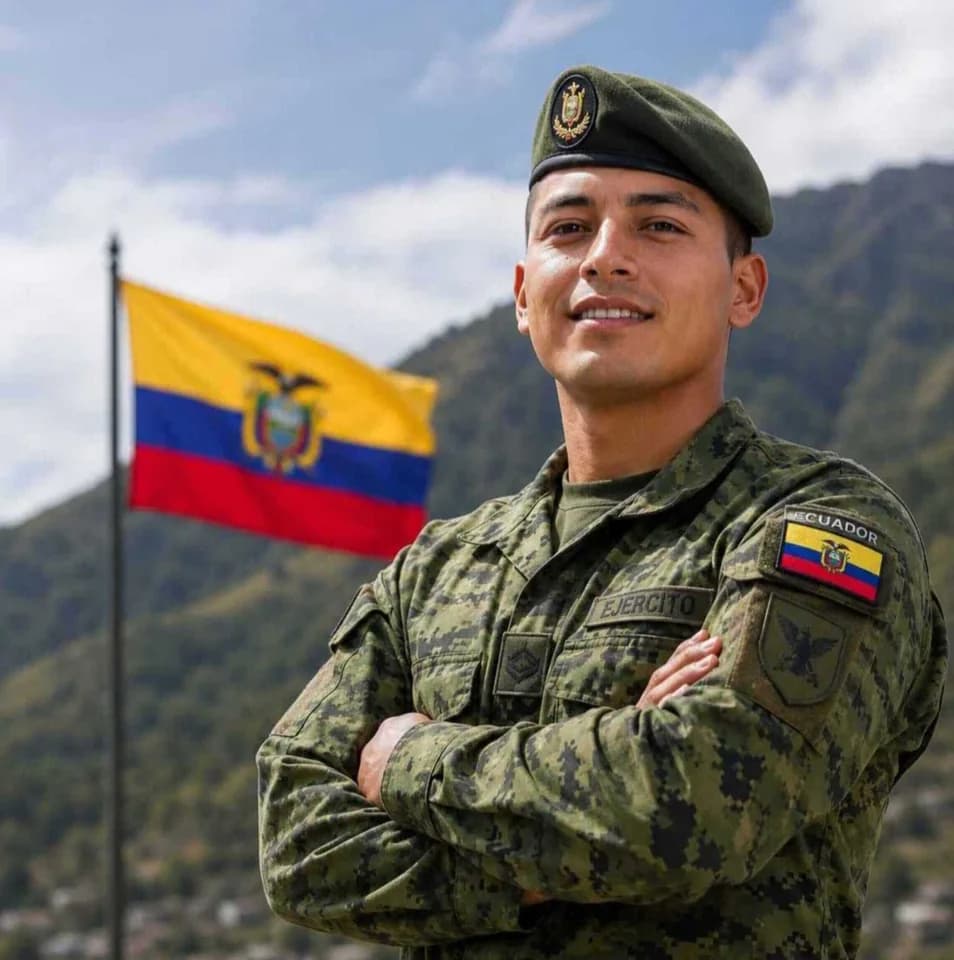 Personal militar sonriendo con la bandera del Ecuador al fondo
