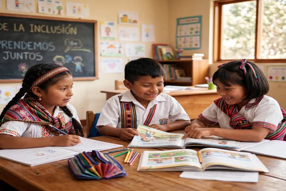 Niños estudiando juntos en el aula con libros y materiales