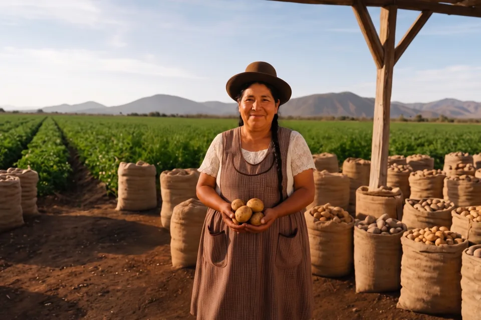 Productora agrícola mostrando papas de su cosecha en el campo